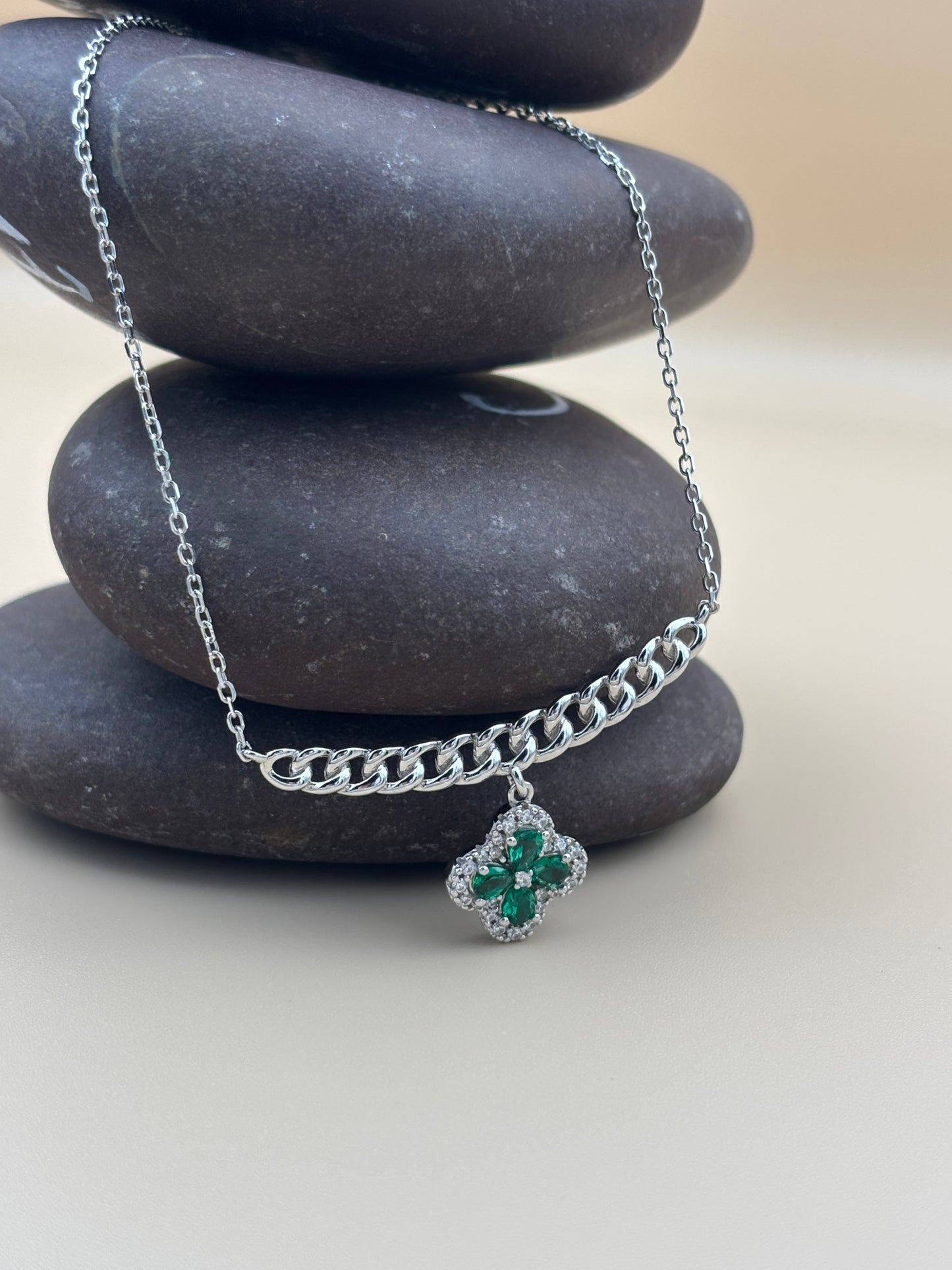 Emerald Clover Necklace & Stud Set