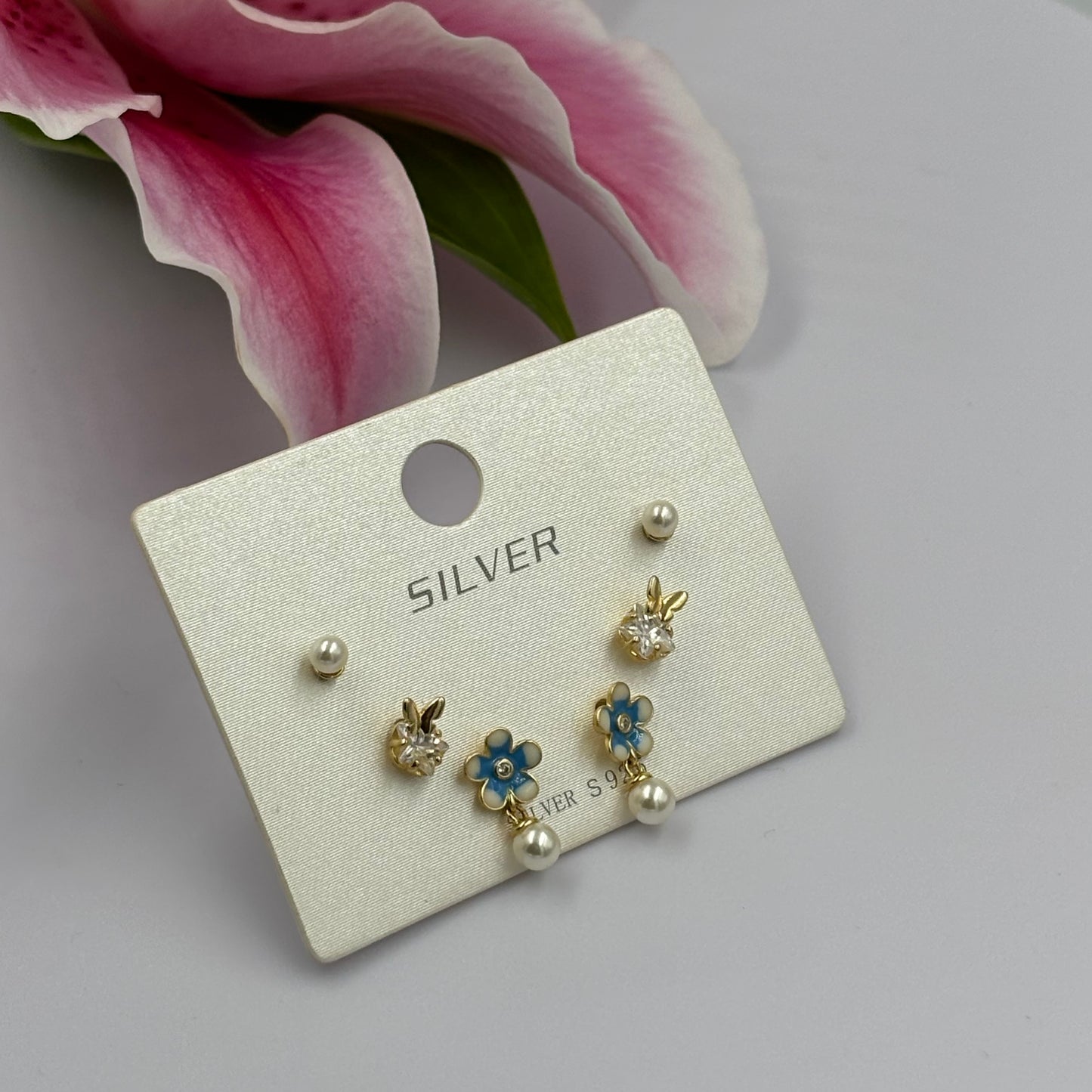 Floral Bunny & Pearl Stud Earring Set