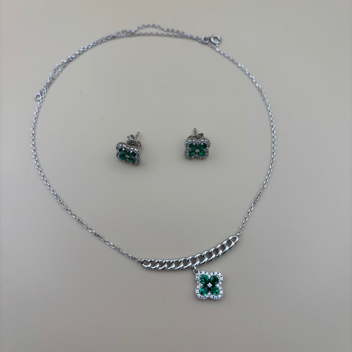 Emerald Clover Necklace & Stud Set