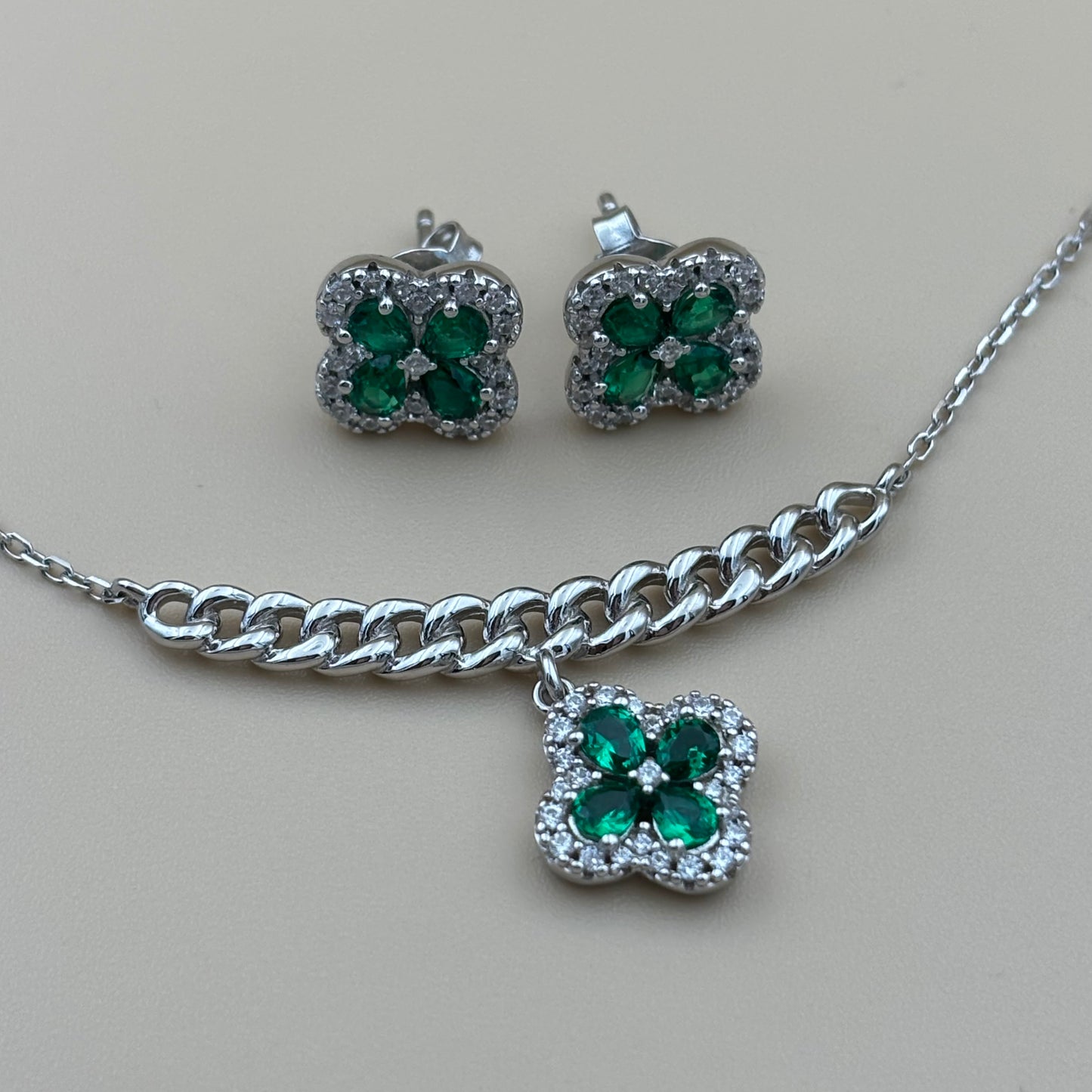 Emerald Clover Necklace & Stud Set