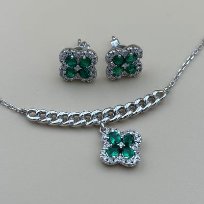 Emerald Clover Necklace & Stud Set