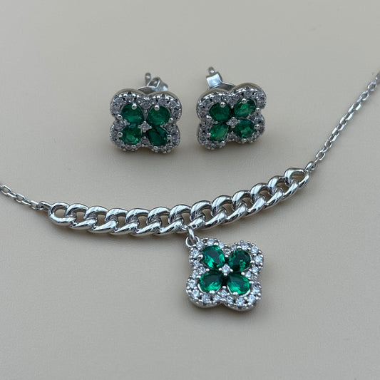 Emerald Clover Necklace & Stud Set