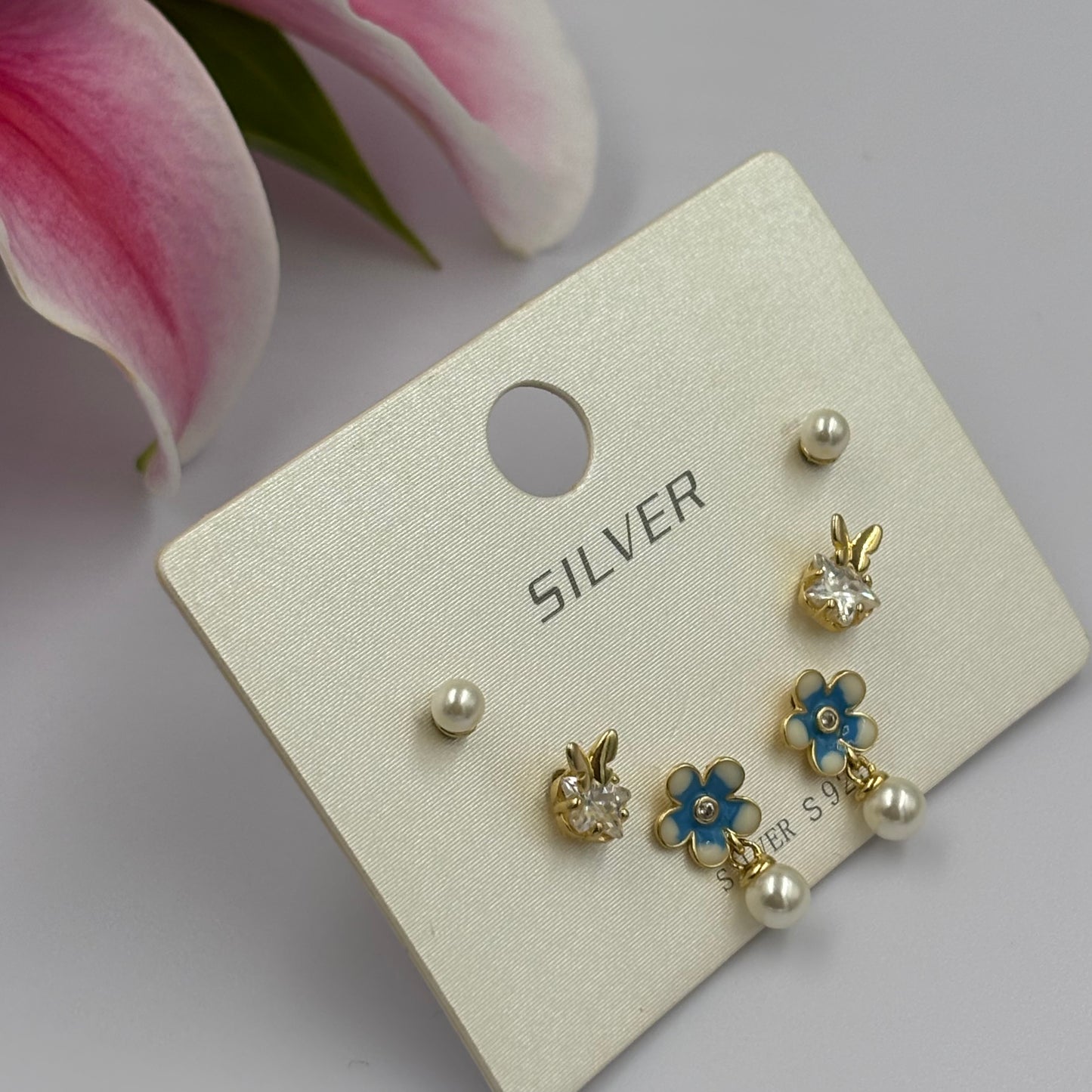Floral Bunny & Pearl Stud Earring Set