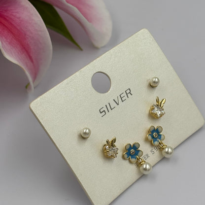 Floral Bunny & Pearl Stud Earring Set