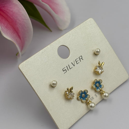 Floral Bunny & Pearl Stud Earring Set