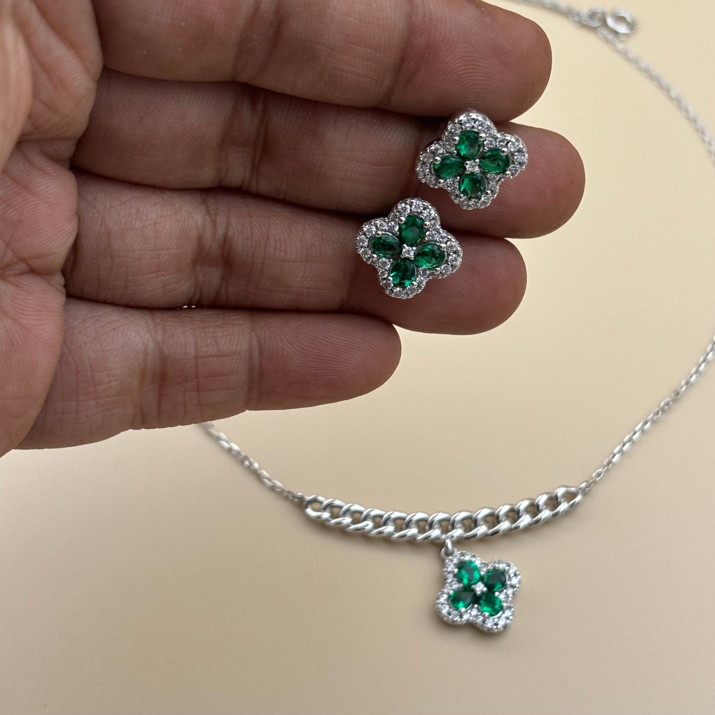 Emerald Clover Necklace & Stud Set